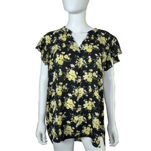 Gaharu Black & Yellow Floral Lace Back Flutter Sleeve Blouse